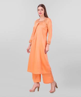 Peach Cotton Silk Zari Embroidery Textured Pleated Kurta With Palazzo (Set Of 2) 5
