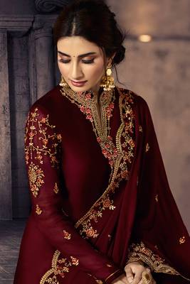 Maroon Embroidered Georgette Salwar Free size full stitched Up To 42" Size 2