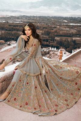 Grey Net Gold and Red Embroidered Anarkali Salwar Kameez 1