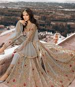 Grey Net Gold and Red Embroidered Anarkali Salwar Kameez