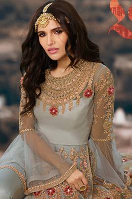 Grey Net Gold and Red Embroidered Anarkali Salwar Kameez 2