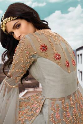 Grey Net Gold and Red Embroidered Anarkali Salwar Kameez 3