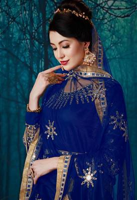 Ink Blue Georgette Mirror Work Embroidered Anarkali Suit 2