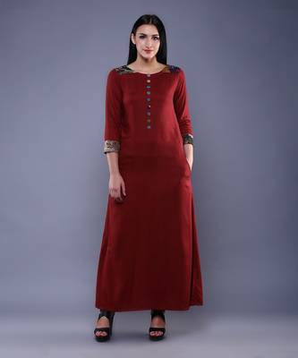 Maroon Kantha Patch Pocket Kurta In Silk Coton 1