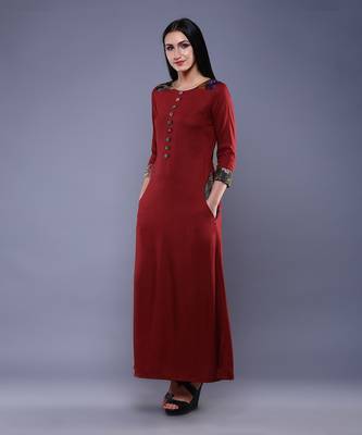 Maroon Kantha Patch Pocket Kurta In Silk Coton 4