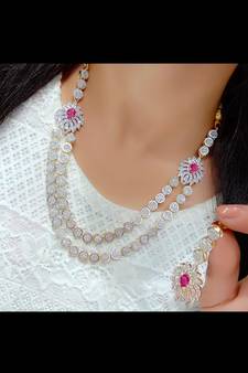 Red Indian Jewellery American Diamond White Polish Necklace Set with Maangtika for Women