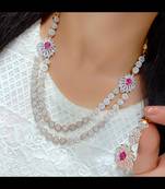 Red Indian Jewellery American Diamond White Polish Necklace Set with Maangtika for Women