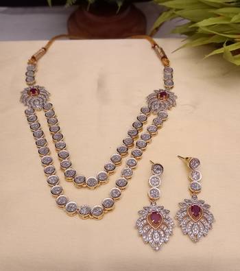 Red Indian Jewellery American Diamond White Polish Necklace Set with Maangtika for Women 2