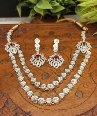 Red Indian Jewellery American Diamond White Polish Necklace Set with Maangtika for Women 3