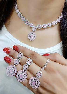 Pink Indian Jewellery American Diamond White Polish Necklace Set with Maangtika for Women 1