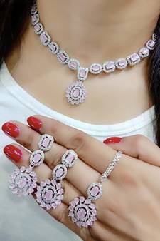 Pink Indian Jewellery American Diamond White Polish Necklace Set with Maangtika for Women