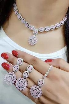 Pink Indian Jewellery American Diamond White Polish Necklace Set with Maangtika for Women
