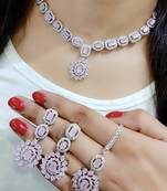 Pink Indian Jewellery American Diamond White Polish Necklace Set with Maangtika for Women