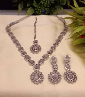 Pink Indian Jewellery American Diamond White Polish Necklace Set with Maangtika for Women 2