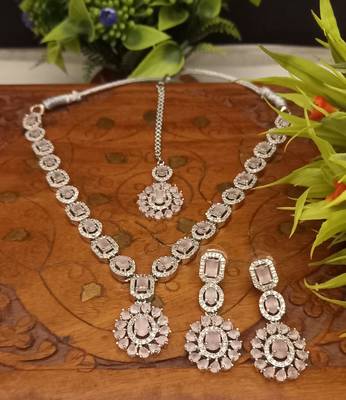 Pink Indian Jewellery American Diamond White Polish Necklace Set with Maangtika for Women 3