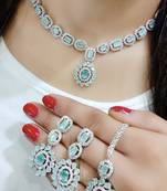 Green Indian Jewellery American Diamond White Polish Necklace Set with Maangtika for Women