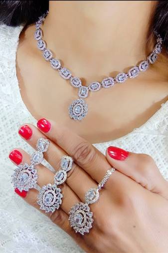 White Indian Jewellery American Diamond White Polish Necklace Set with Maangtika for Women