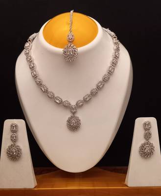 White Indian Jewellery American Diamond White Polish Necklace Set with Maangtika for Women 2