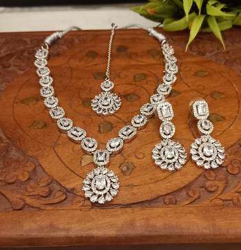 White Indian Jewellery American Diamond White Polish Necklace Set with Maangtika for Women 3