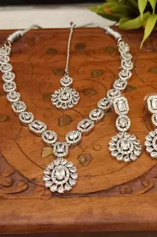 White Indian Jewellery American Diamond White Polish Necklace Set with Maangtika for Women