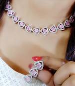 Pink Indian Jewellery American Diamond White Polish Necklace Set for Women