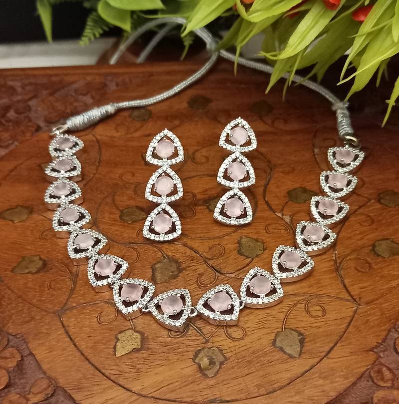 Pink Indian Jewellery American Diamond White Polish Necklace Set for Women
