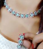 Green  Indian Jewellery American Diamond White Polish Necklace Set with Maangtika for Women