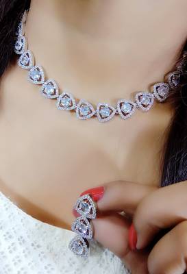 White  Indian Jewellery American Diamond White Polish Necklace Set with Maangtika for Womens 1