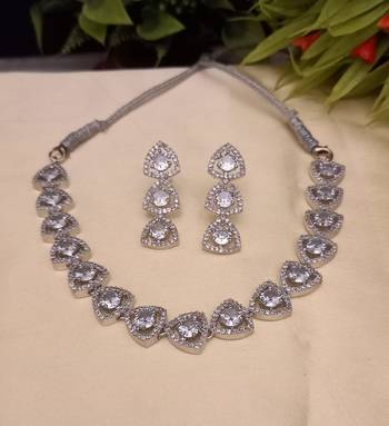 White  Indian Jewellery American Diamond White Polish Necklace Set with Maangtika for Womens 2