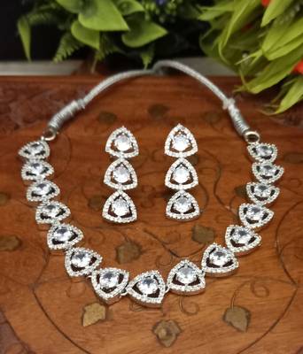 White  Indian Jewellery American Diamond White Polish Necklace Set with Maangtika for Womens 3