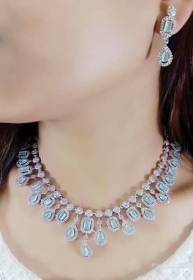 Green  Indian Jewellery American Diamond White Polish Necklace Set with Maangtika for Women 1
