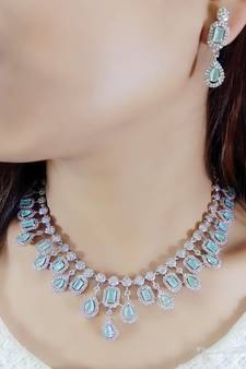 Green  Indian Jewellery American Diamond White Polish Necklace Set with Maangtika for Women