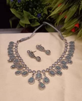 Green  Indian Jewellery American Diamond White Polish Necklace Set with Maangtika for Women 2