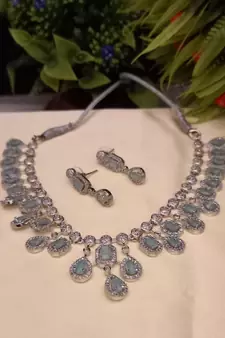Green  Indian Jewellery American Diamond White Polish Necklace Set with Maangtika for Women