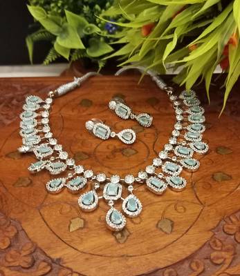 Green  Indian Jewellery American Diamond White Polish Necklace Set with Maangtika for Women 3