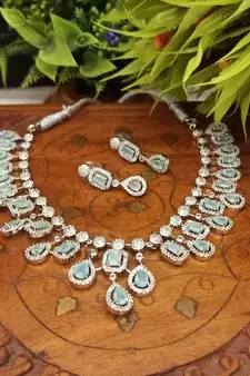 Green  Indian Jewellery American Diamond White Polish Necklace Set with Maangtika for Women