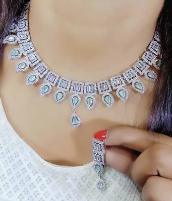 Green  Indian Jewellery American Diamond White Polish Necklace Set with Maangtika for Women 1