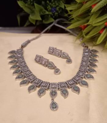 Green  Indian Jewellery American Diamond White Polish Necklace Set with Maangtika for Women 2
