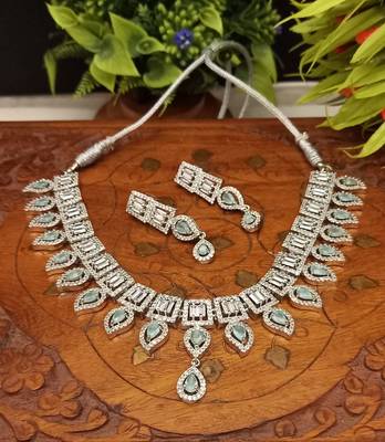 Green  Indian Jewellery American Diamond White Polish Necklace Set with Maangtika for Women 3