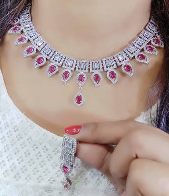 Red  Indian Jewellery American Diamond White Polish Necklace Set with Maangtika for Women 1