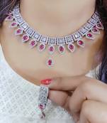 Red  Indian Jewellery American Diamond White Polish Necklace Set with Maangtika for Women