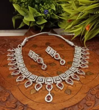 Red  Indian Jewellery American Diamond White Polish Necklace Set with Maangtika for Women 3