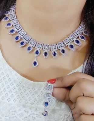 Blue  Indian Jewellery American Diamond White Polish Necklace Set with Maangtika for Women 1
