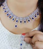 Blue  Indian Jewellery American Diamond White Polish Necklace Set with Maangtika for Women
