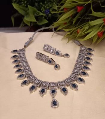 Blue  Indian Jewellery American Diamond White Polish Necklace Set with Maangtika for Women 2