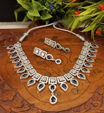 Blue  Indian Jewellery American Diamond White Polish Necklace Set with Maangtika for Women 3