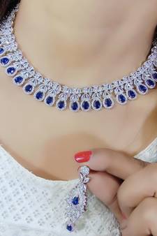 Blue  Indian Jewellery American Diamond White Polish Necklace Set with Maangtika for Women