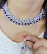 Blue  Indian Jewellery American Diamond White Polish Necklace Set with Maangtika for Women