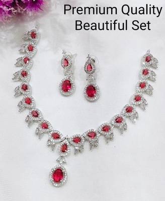 Red  Indian Jewellery American Diamond White Polish Necklace Set with Maangtika for Women 1