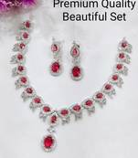 Red  Indian Jewellery American Diamond White Polish Necklace Set with Maangtika for Women